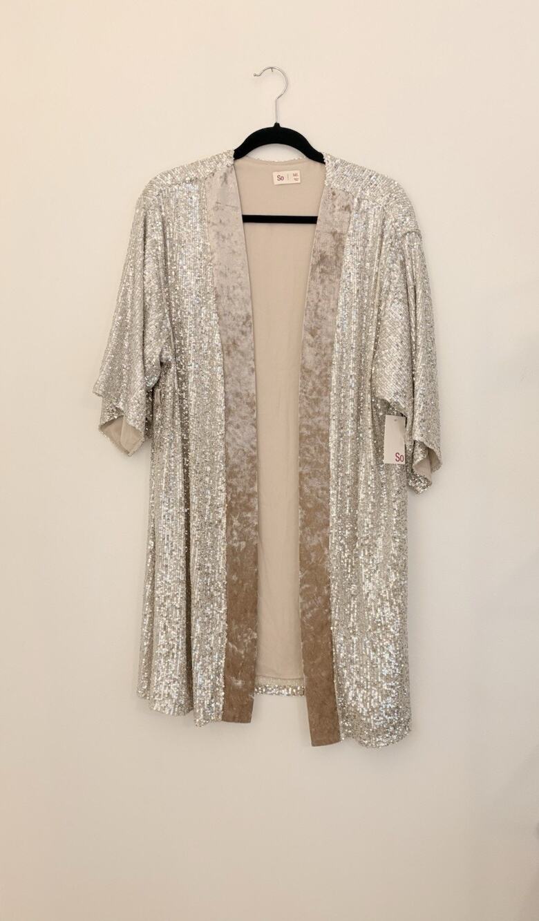 SO Silver Sequined Robe/Cardigan Velvet Trim NWT $68 No Belt Size M/L